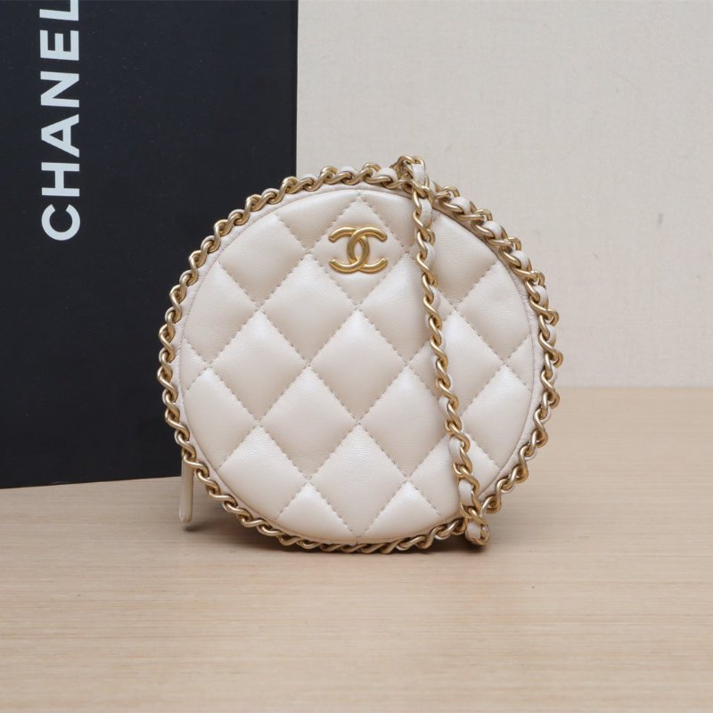 CHANEL COCO鏈條圓餅包粉色牛皮30開金扣肩背包-0