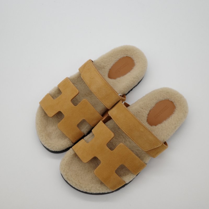 Hermès 愛馬仕 Chypre 米色/駝色  羊皮絨毛 涼鞋-1