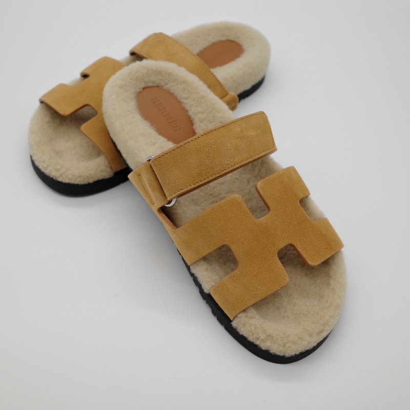 Hermès 愛馬仕 Chypre 米色/駝色  羊皮絨毛 涼鞋-2