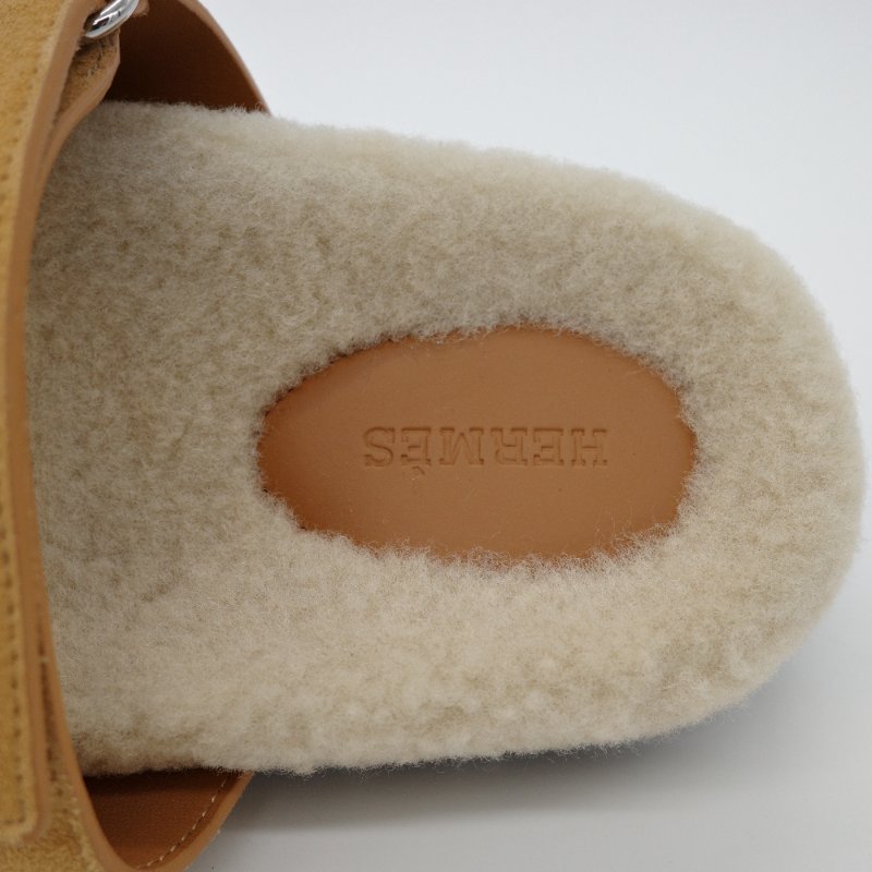 Hermès 愛馬仕 Chypre 米色/駝色  羊皮絨毛 涼鞋-4