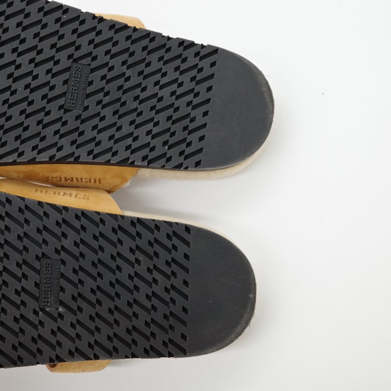 Hermès 愛馬仕 Chypre 米色/駝色  羊皮絨毛 涼鞋-9