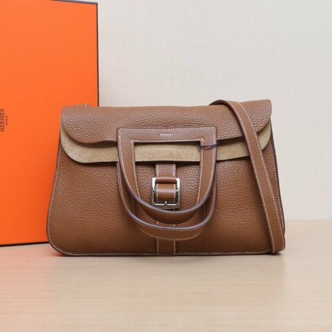 HERMES Halzan3137金棕色TC皮框R銀扣肩背包