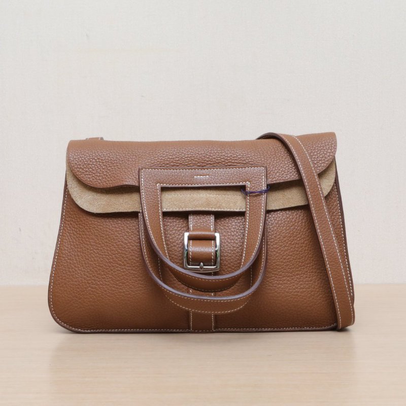 HERMES Halzan3137金棕色TC皮框R銀扣肩背包-1