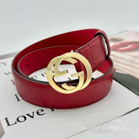 GUCCI 經典 GG Guccissima 壓紋金扣紅色皮帶