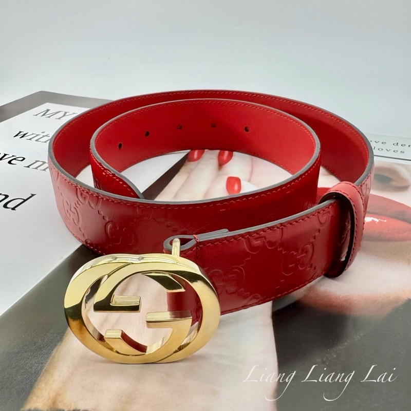 GUCCI 經典 GG Guccissima 壓紋金扣紅色皮帶-1