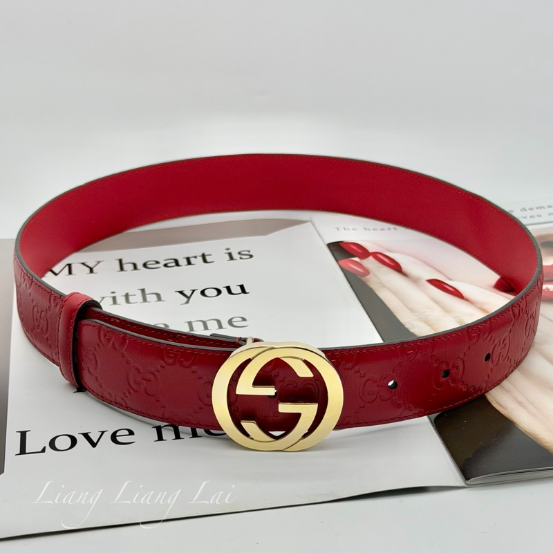 GUCCI 經典 GG Guccissima 壓紋金扣紅色皮帶-2