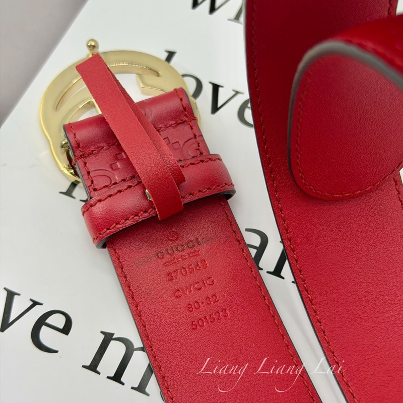 GUCCI 經典 GG Guccissima 壓紋金扣紅色皮帶-3