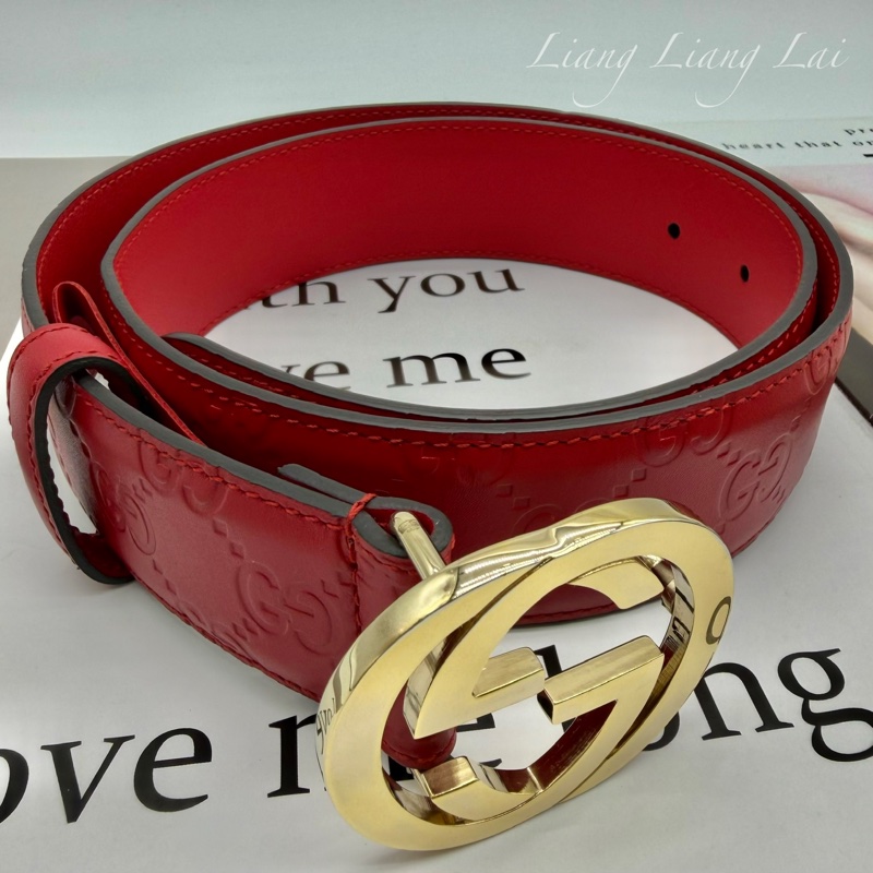 GUCCI 經典 GG Guccissima 壓紋金扣紅色皮帶-5
