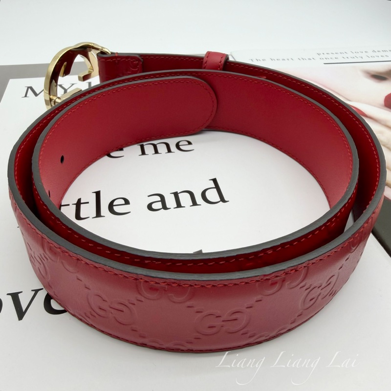 GUCCI 經典 GG Guccissima 壓紋金扣紅色皮帶-6