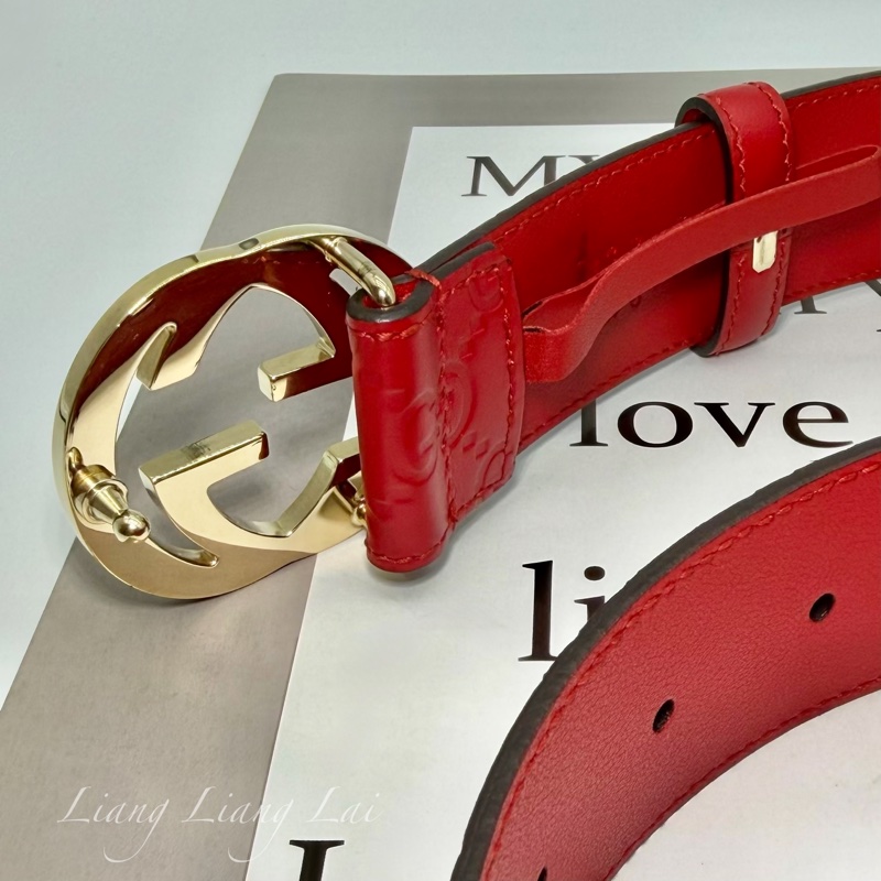 GUCCI 經典 GG Guccissima 壓紋金扣紅色皮帶-8