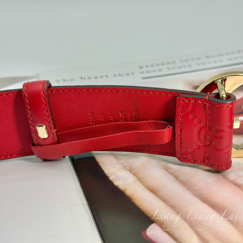GUCCI 經典 GG Guccissima 壓紋金扣紅色皮帶-9