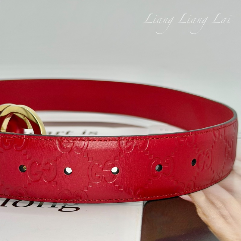 GUCCI 經典 GG Guccissima 壓紋金扣紅色皮帶-11