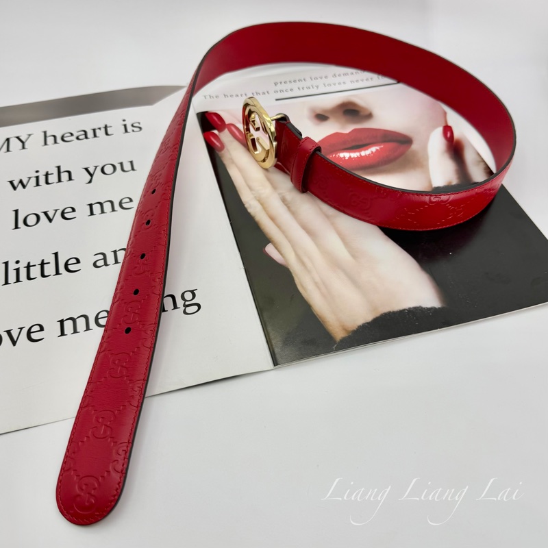 GUCCI 經典 GG Guccissima 壓紋金扣紅色皮帶-12