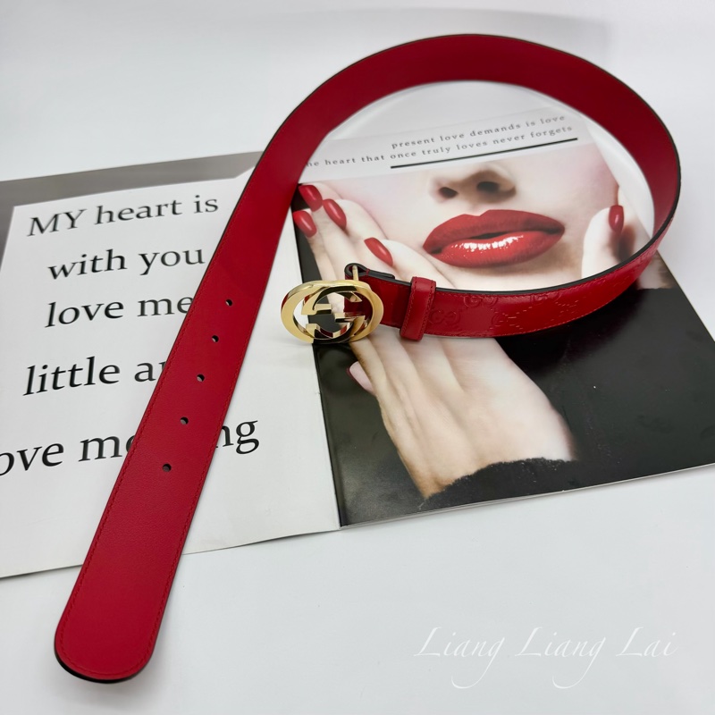 GUCCI 經典 GG Guccissima 壓紋金扣紅色皮帶-13