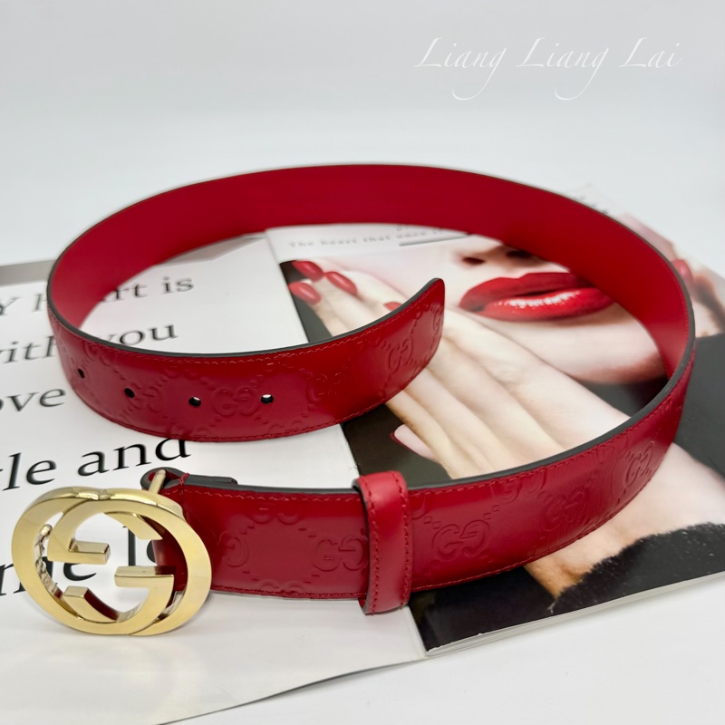 GUCCI 經典 GG Guccissima 壓紋金扣紅色皮帶-15