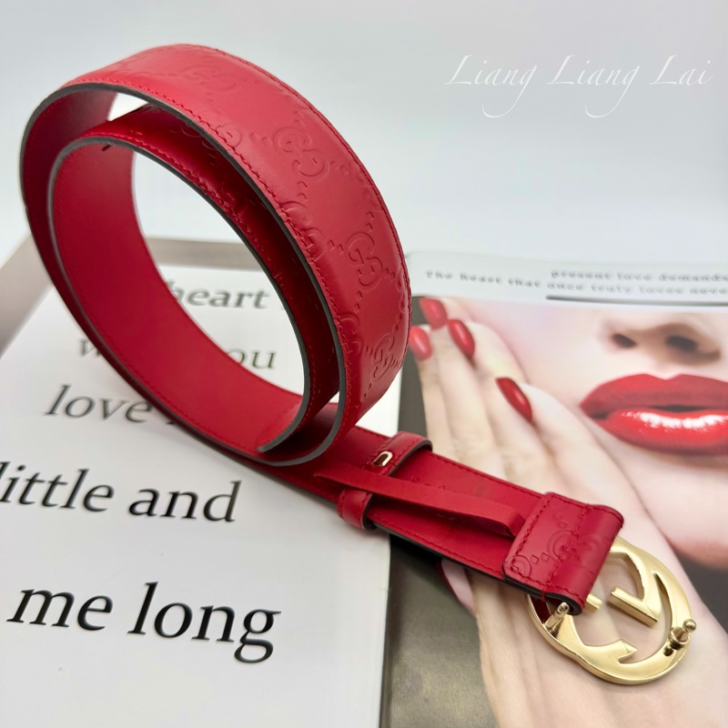 GUCCI 經典 GG Guccissima 壓紋金扣紅色皮帶-16