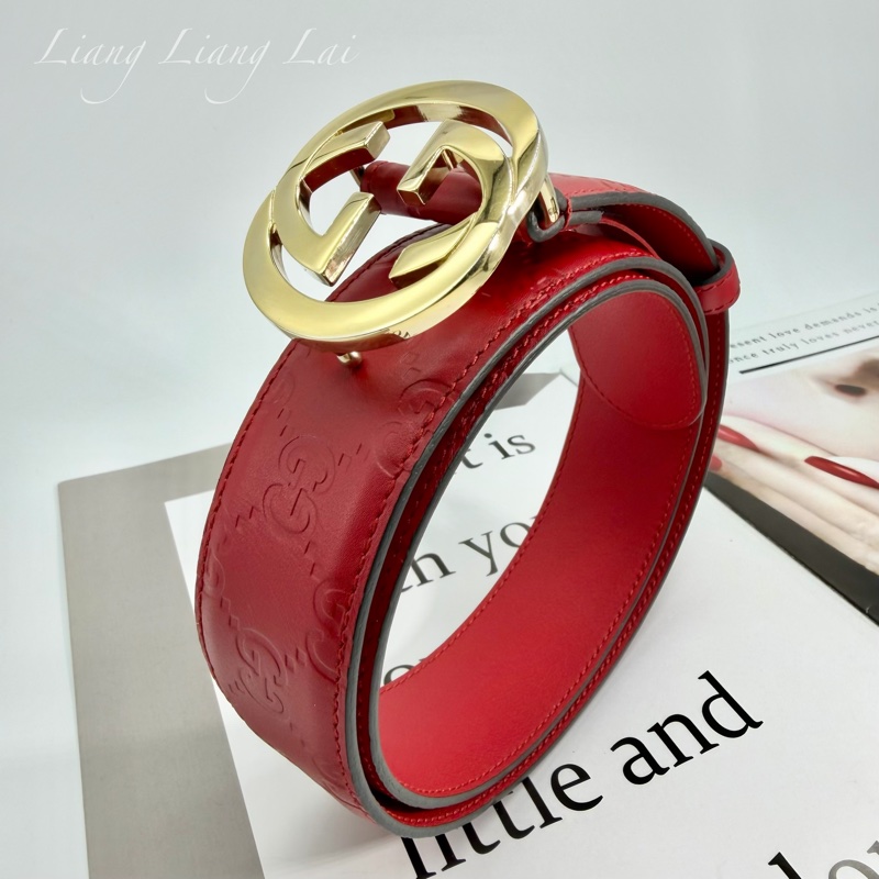 GUCCI 經典 GG Guccissima 壓紋金扣紅色皮帶-17