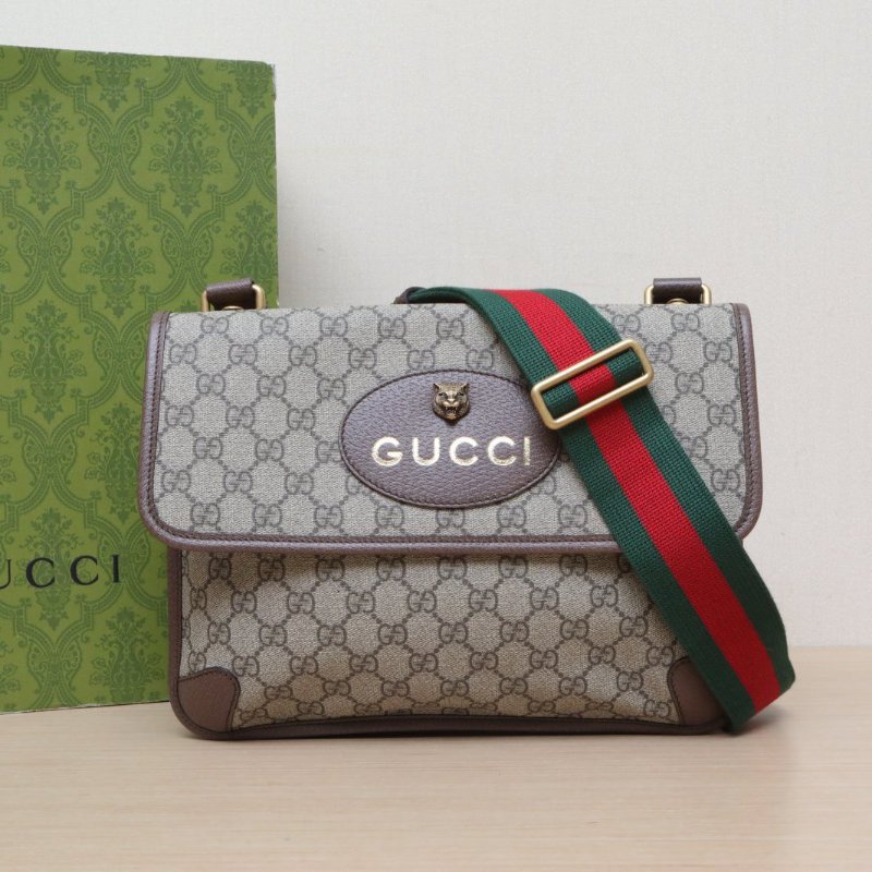 GUCCI NeoVintage虎頭雙面翻蓋腰包大號30烏木色PVC金扣肩背包-0