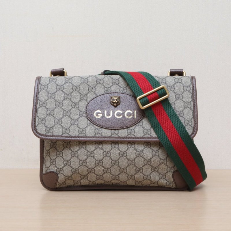 GUCCI NeoVintage虎頭雙面翻蓋腰包大號30烏木色PVC金扣肩背包-1