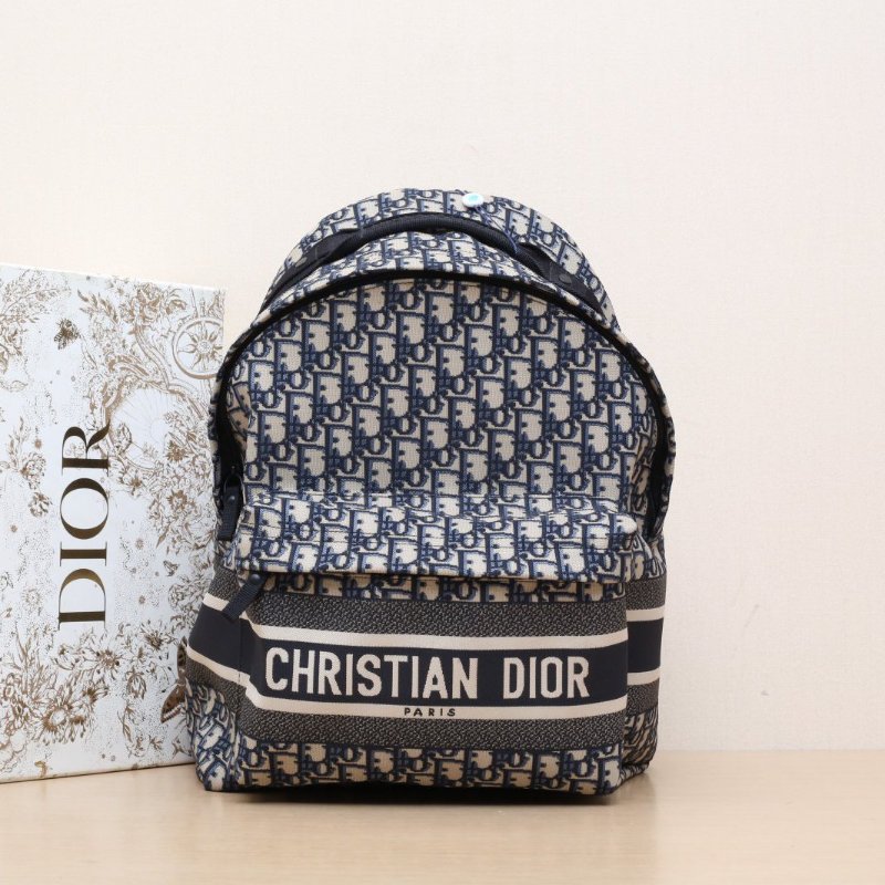 DIOR Diortravel雙肩包大號35藍色帆布黑扣2023Oblique印花字母刺繡肩背包-0