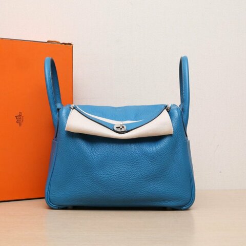 HERMES Lindy307B松石藍TC皮框Q銀扣肩背包