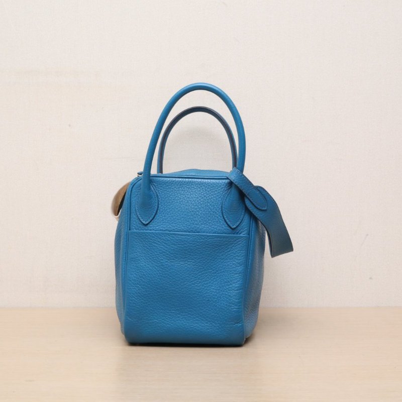 HERMES Lindy307B松石藍TC皮框Q銀扣肩背包-4