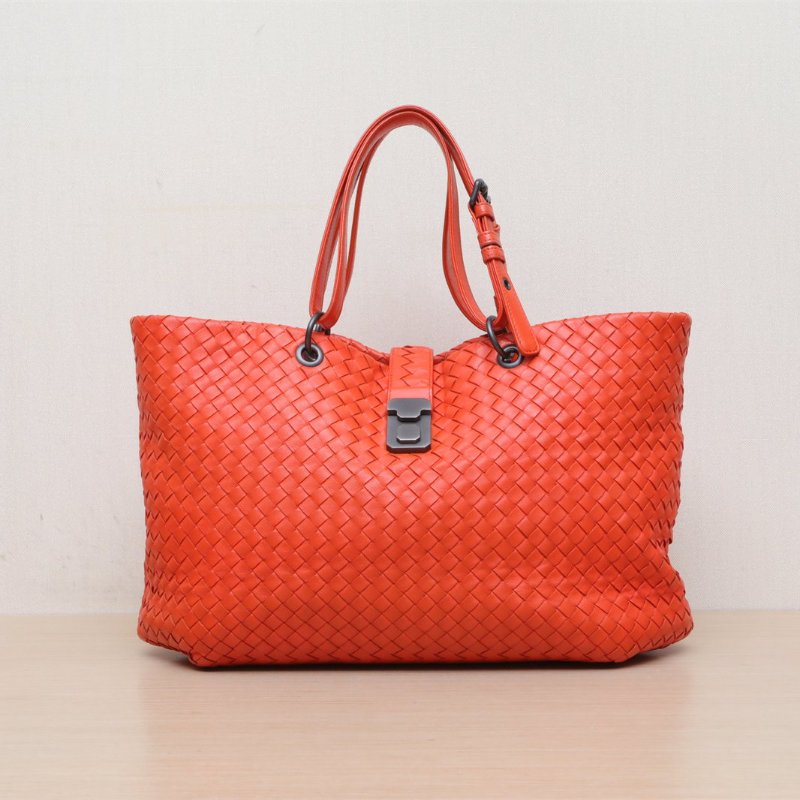 BOTTEGA VENETA 橘色羊皮編織菜籃子單肩包肩背包-1