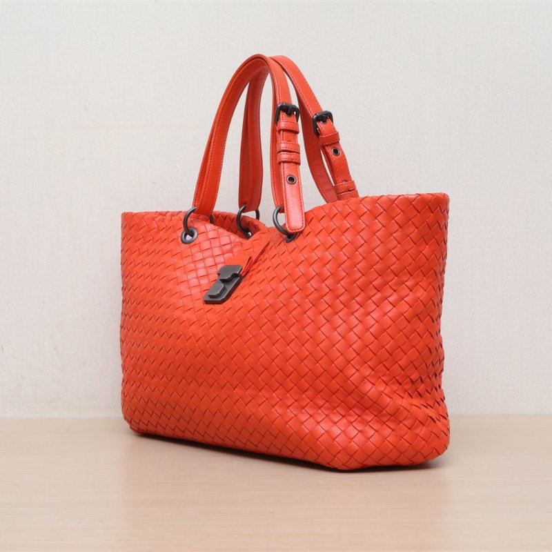BOTTEGA VENETA 橘色羊皮編織菜籃子單肩包肩背包-3