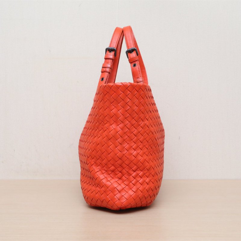 BOTTEGA VENETA 橘色羊皮編織菜籃子單肩包肩背包-4