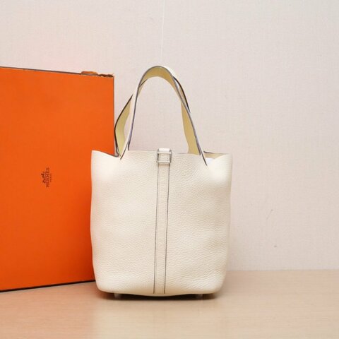 HERMES Picotin菜籃子22I2奶油白TC皮Y刻銀扣肩背包