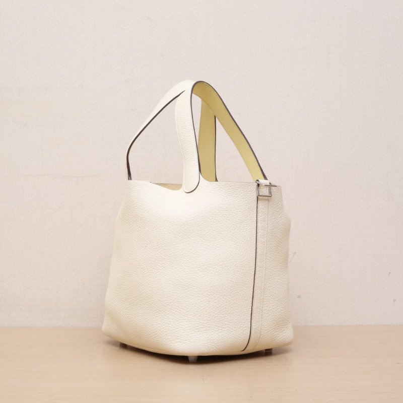 HERMES Picotin菜籃子22I2奶油白TC皮Y刻銀扣肩背包-3