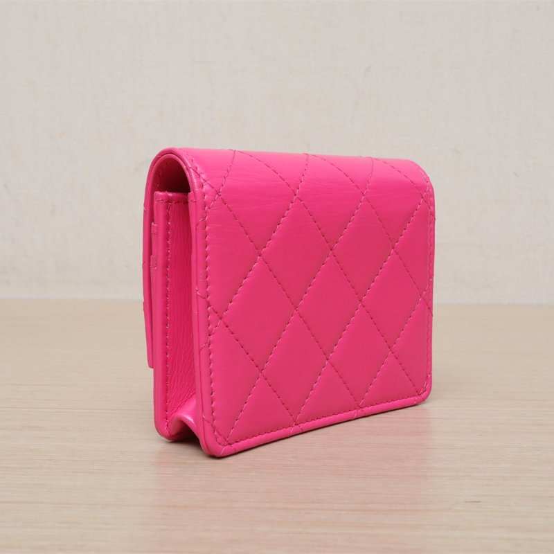 CHANEL 玫紅牛皮鐳射標淺金扣31bag錢包卡包肩背包-4