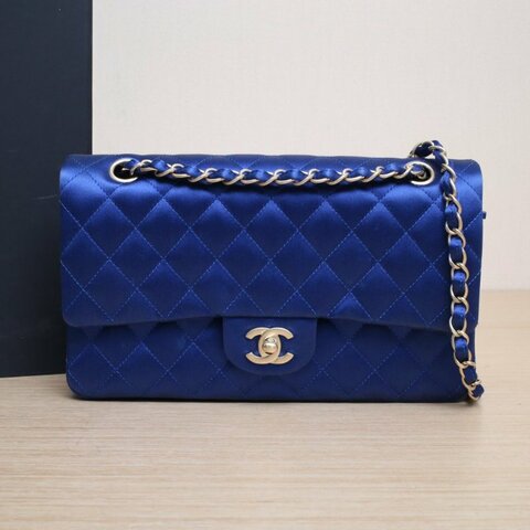 CHANEL CF口蓋包中號25.5藍色緞面18開磨砂金扣肩背包