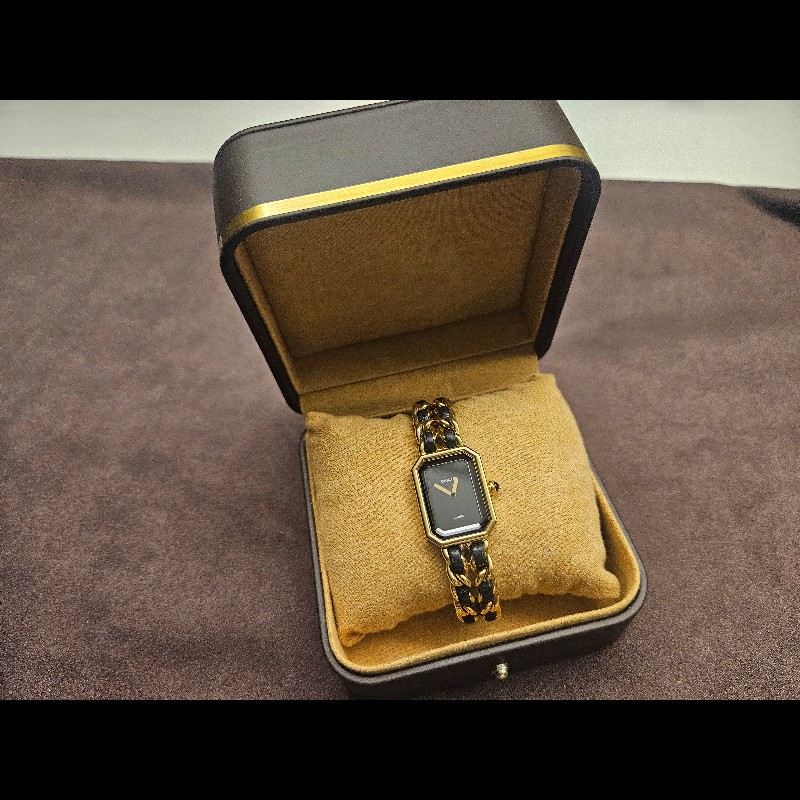 香奈兒 CHANEL 方糖首映錶 S號 PREMIERE 1987 腕錶 手錶 石英錶 女錶 中古錶 黑金 小羊皮 Vintage-1