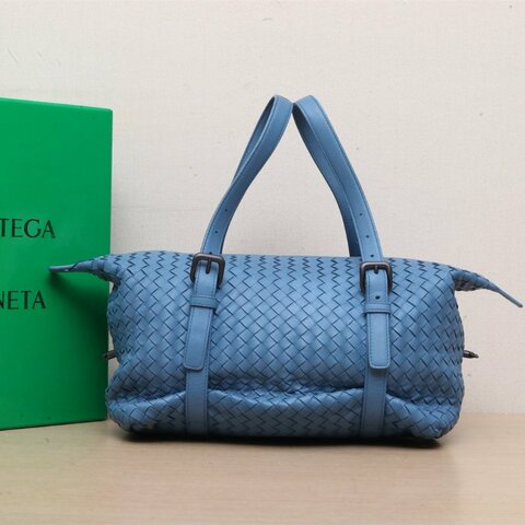 BOTTEGA VENETA 藍色羊皮手提編織波士頓肩背包