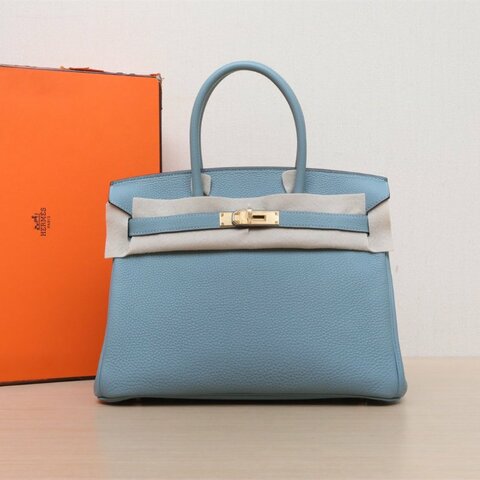 HERMES Birkin307G天青色Togo皮Y刻金扣肩背包