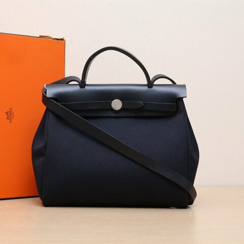HERMES Herbag3189黑色帆布/Hunter牛皮U刻銀扣肩背包