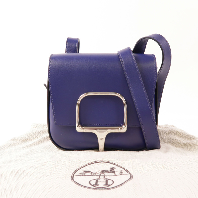 HERMES Tadelakt皮革Della Cavalleria Mini銀扣肩背袋Bleu Saphir-15