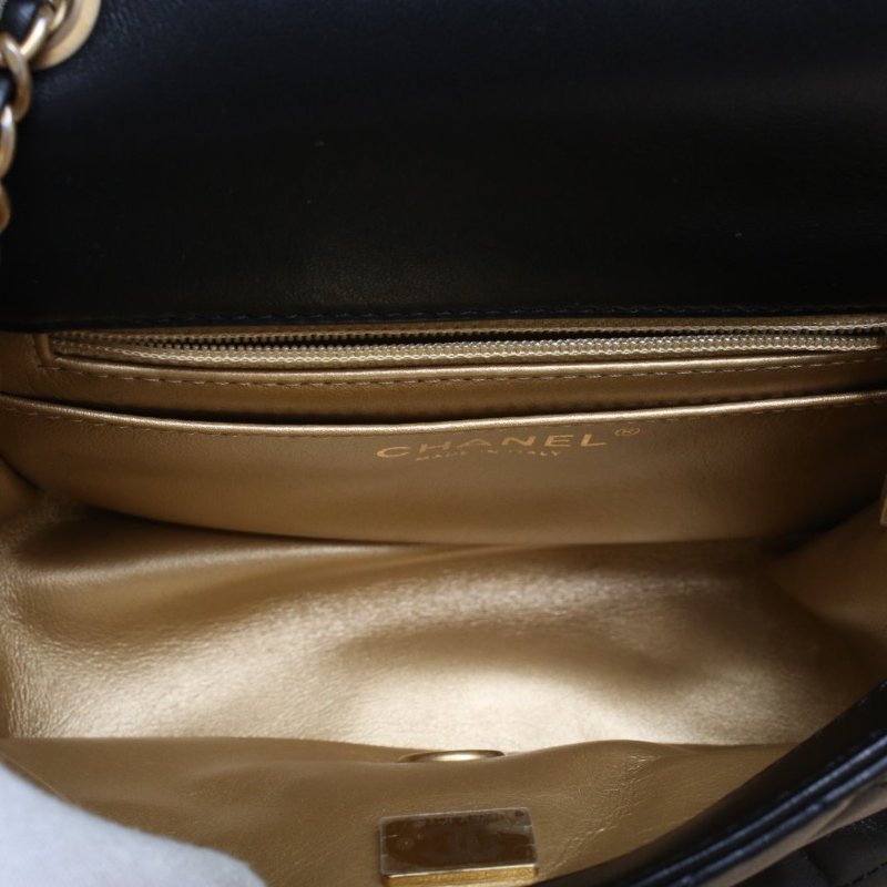 CHANEL CF口蓋包方胖子17黑色羊皮晶片開金扣金球調節扣肩帶肩背包-4