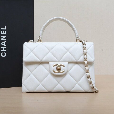 CHANEL 24Pkelly盒子包白色荔枝牛皮晶片開淺金扣單皮穿鏈肩帶皮手柄肩背包