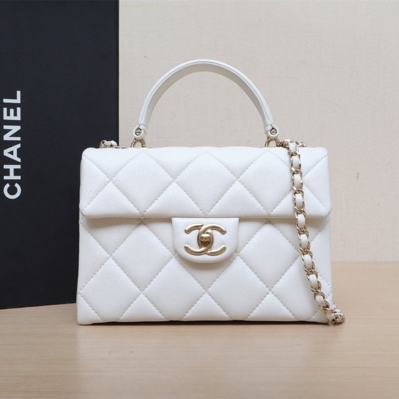 CHANEL 24Pkelly盒子包白色荔枝牛皮晶片開淺金扣單皮穿鏈肩帶皮手柄肩背包-0