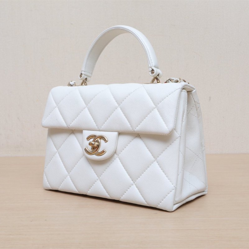 CHANEL 24Pkelly盒子包白色荔枝牛皮晶片開淺金扣單皮穿鏈肩帶皮手柄肩背包-4