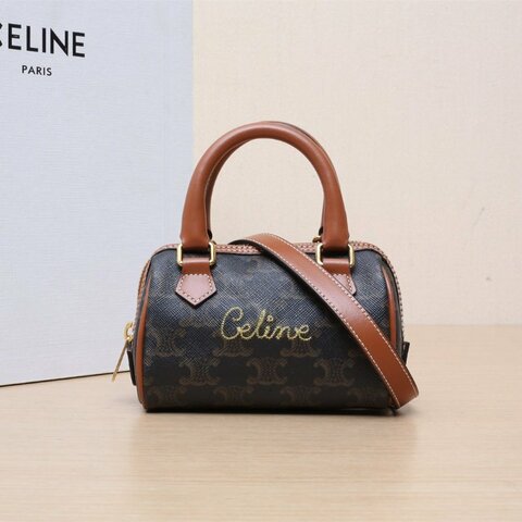CELINE Triomphe凱旋門標誌印花波士頓包Mini14手寫logo老花PVC金扣肩背包