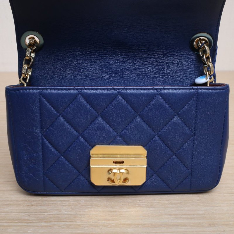 CHANEL 藍色羊皮18開金扣CF季節款口蓋包雕花鏈條包肩背包-2