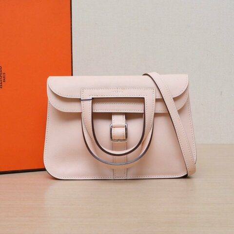 HERMES HalzanMINI22P1薔薇粉Swift皮X刻銀扣肩背包