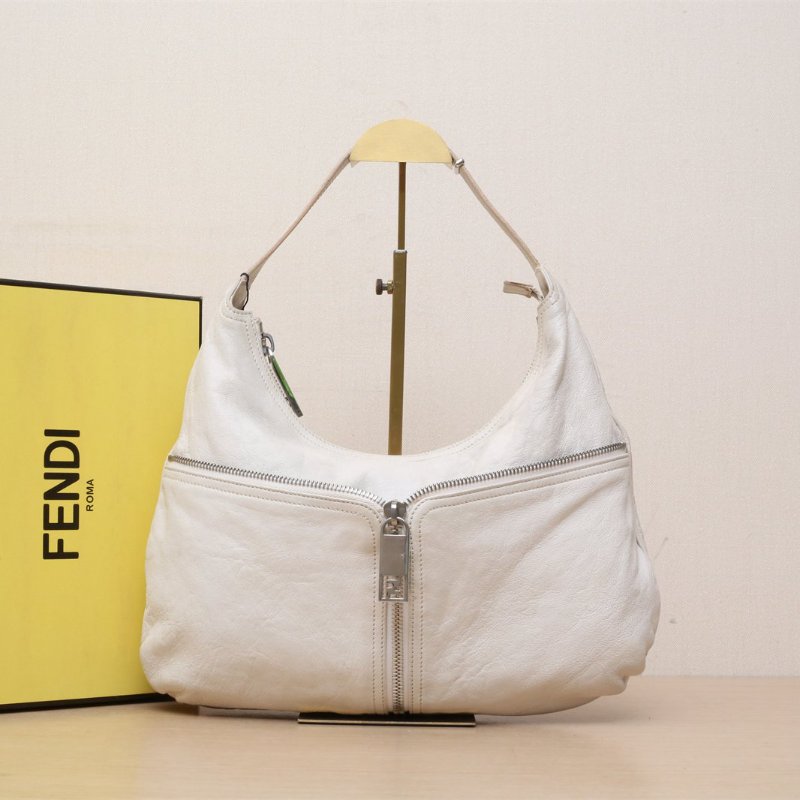 FENDI 米白色牛皮銀扣中古單肩腋下包肩背包-0