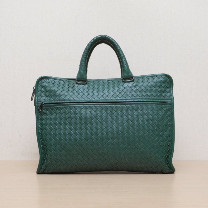 BOTTEGA VENETA 綠色羊皮BV經典編制手提包電腦包肩背包-1