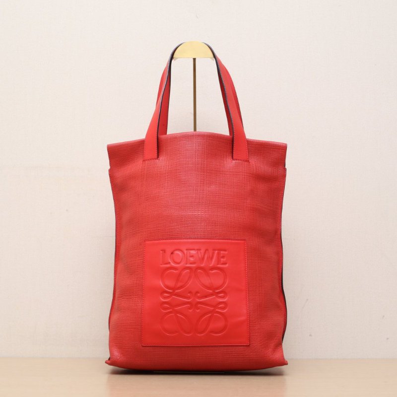 LOEWE 紅色牛皮金扣全皮購物袋托特包肩背包-1