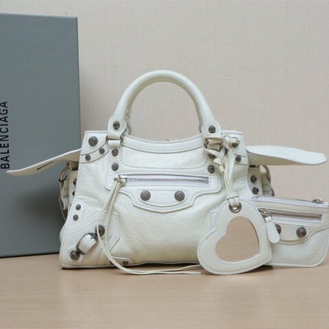 BALENCIAGA 白色牛皮銀扣NEOCLASSIC手提機車包25.9肩背包