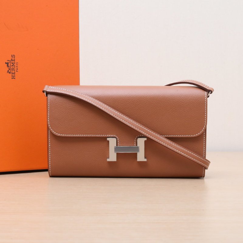 HERMES Constance康康LONGTOGO肩帶長款錢包37金棕色EC皮W刻銀扣肩背包-0
